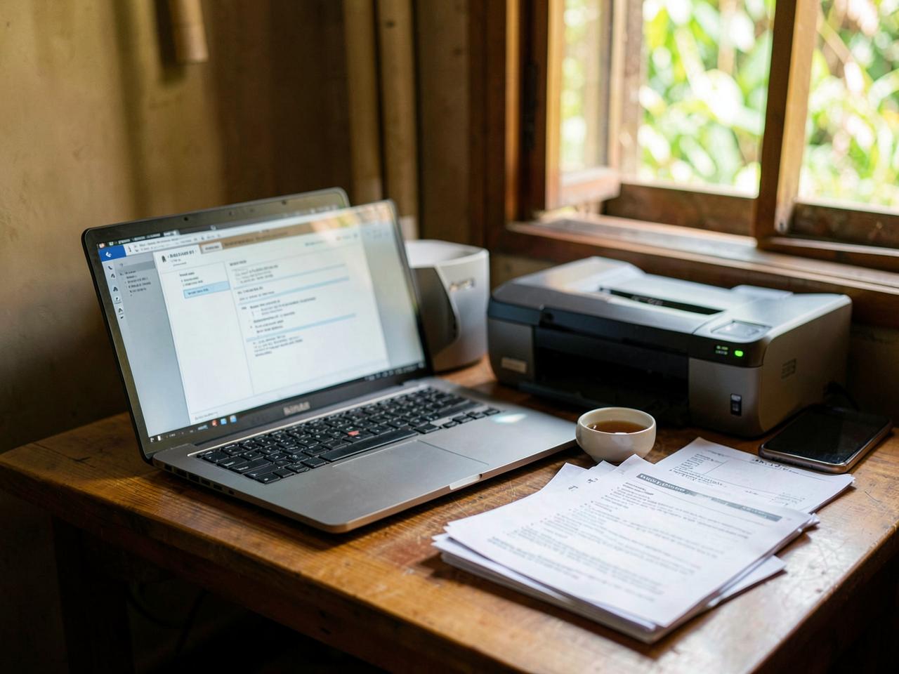 Desk in the Dumbola Wan office with a laptop, printer and prepared business documents